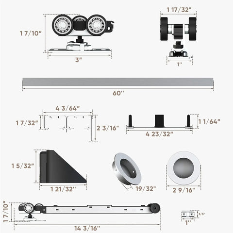 Heavy Duty Bypass Door Hardware With Soft Close For Two Sliding Closet Doors, 60 Inch Track components illustration