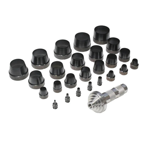 27-Piece Hollow Punch Set With Dual Cutting Heads, Interchangeable Sizes for Concentric Circles, shown with various punch sizes
