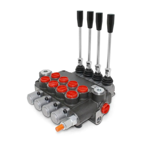 Beefy Monoblock Hydraulic Directional Control Valve With Four Spools And 21 GPM Flow For Open Center Systems SAE Ports 3625 PSI Max.