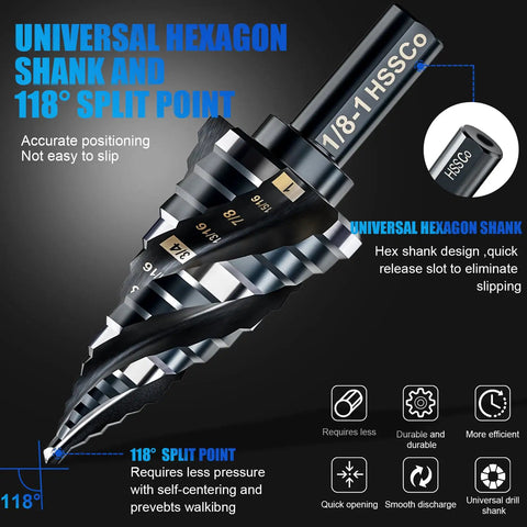M35 Pro Grade Cobalt Step Drill Bit Set With Four Spiral Flute Nine Sizes From One Eighth To One Inch Three Eighths Inch Shank