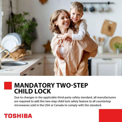 Mother and child in kitchen, showcasing the Compact Space Saver 0.9 Cu Ft Microwave Oven, highlighting two-step child lock safety feature