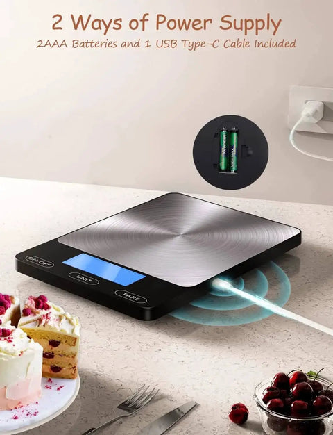 Ultra Precise 33Lb Digital Kitchen Scale With Ounces And Grams, Rechargeable 304 Stainless Steel Platform, USB-C Charging, beside desserts.