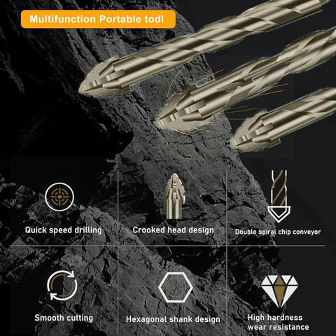 5 Piece 4 Tooth Eccentric Drill Bit Set for Concrete Glass Cast Iron Tile Wood and Metal Heavy Duty High Strength Hex Shank Short Bits Reduced Vibration Dry Drilling 6 6 8 10 12 mm with hexagonal shank and spiral design on rocky background.
