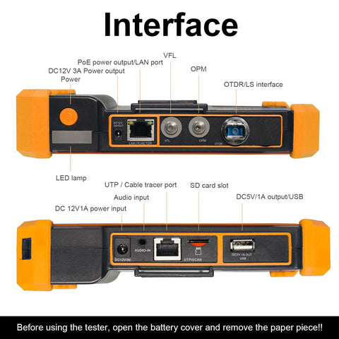 OTDR fiber optic tester WANLUTECH orange and black handheld with 5.4-inch touchscreen and multiple ports