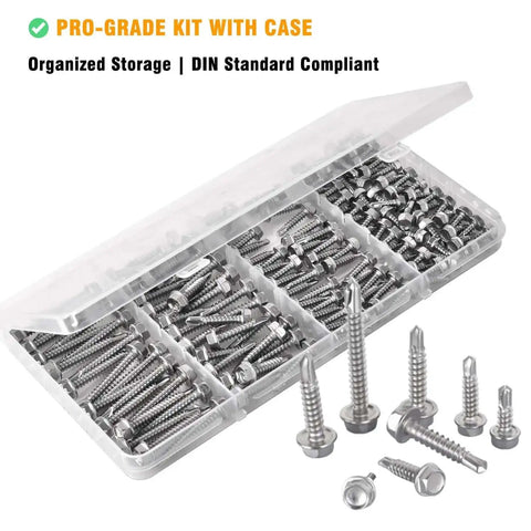 150 Piece Self Drilling Screws Set For Metal Wood Plastic 410 Stainless Steel Self Tapping TEK Screws In Four Sizes with case