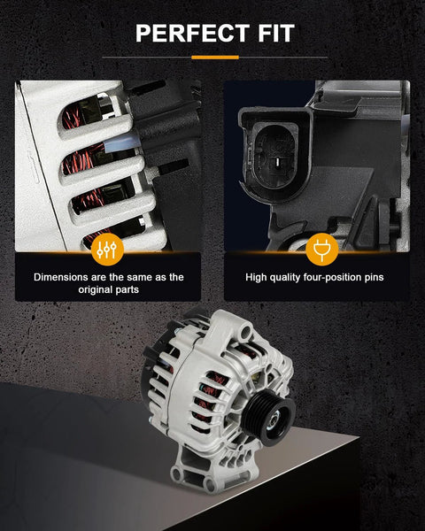 Drop-In Alternator Replacement for Ford Fiesta 2011-2019 showing dimensions and four-position pins, reliable battery charging.