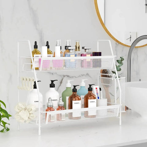 2 Tier Bathroom Organizer Countertop With Metal Wire Mesh Basket Hooks And Vanity Tray Shelf Kitchen Spice Rack White Finish