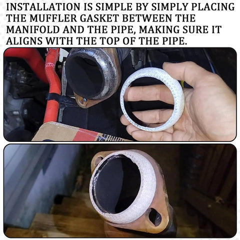 Exhaust flange donut gasket, 48mm ID, graphite construction; shown in hand and installed on a pipe.