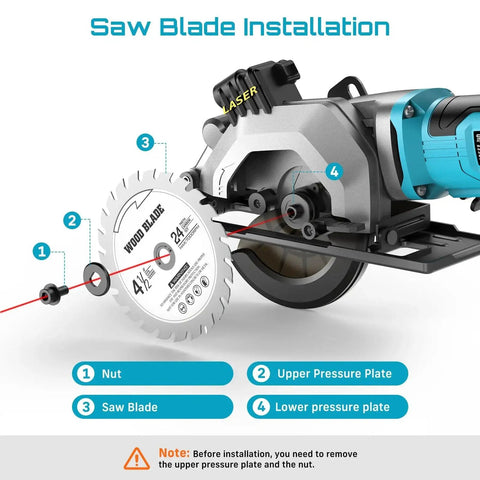 Mini Circular Saw With Laser Guide For Precise Wood Metal Tile And Plastic Cuts Seesii Corded 4.8 Amp 4000 RPM with blade installation steps.