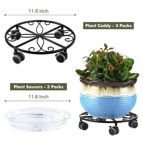 Three Pack Heavy Duty Plant Caddies With Wheels 11.8 Inch Metal Plant Dollies Rolling Stands with saucer and potted plant