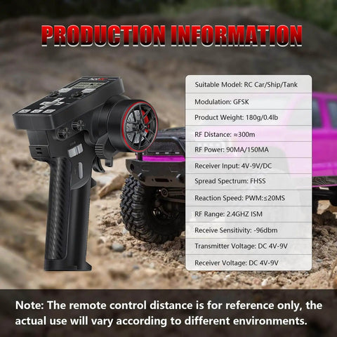 Racing RC Transmitter With 8 Channels 2.4GHz And Receiver Plus Beefed Up 2204 2400KV Brushless Outrunner Motor And 30A Brushless ESC for SCX24 Axial 1/24 RC Car Crawler Black, showing transmitter beside RC car and specifications chart.