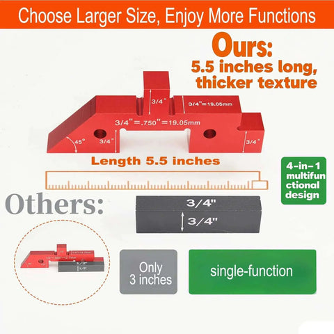 Table Setup Blocks for Woodworking, 14pc Aluminum Alloy Precision Bar Kit for Height, Depth, Angle, and Fence Alignment, Router and Saw Accessories for DIY Pros, with Durable Storage Case showing 5.5 inch long block with comparison.