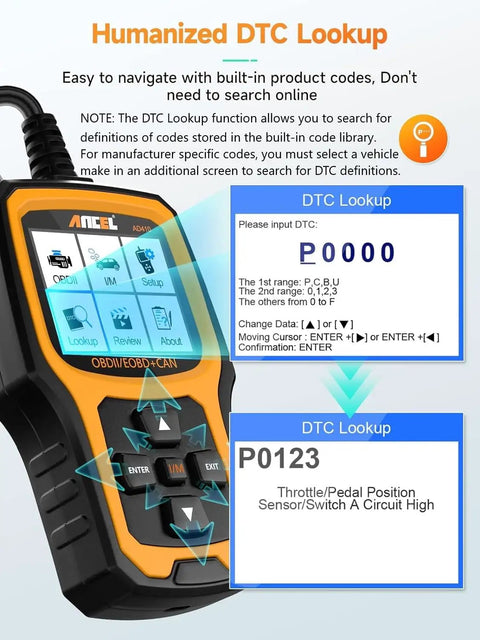Enhanced OBD2 Scanner For Check Engine Light Reads Codes Fast With ANCEL AD410 Vehicle Code Reader displaying DTC lookup feature.