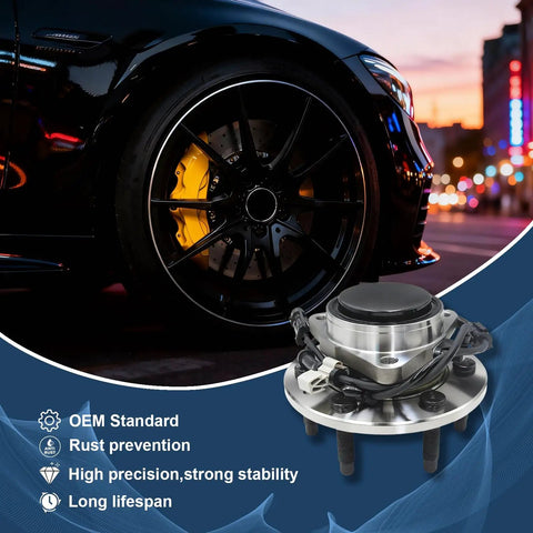 AWD Rear Wheel Bearing and Hub Assembly Replacement Fits Nissan Juke 2011-2017 and Nissan Rogue 2008-2020 Rogue Sport 2017-2022 Rogue Select 2014-2015 and Qashqai 2017-2021 5 Lug Non ABS 2 Pack shown next to a sports car tire, highlighting OEM standard and durability.