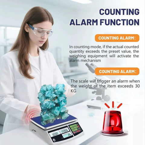 High Capacity Counting Scale 30kg 66lb With 0.1g Precision in lab setting, showing digital display and alarm function with crystals visible