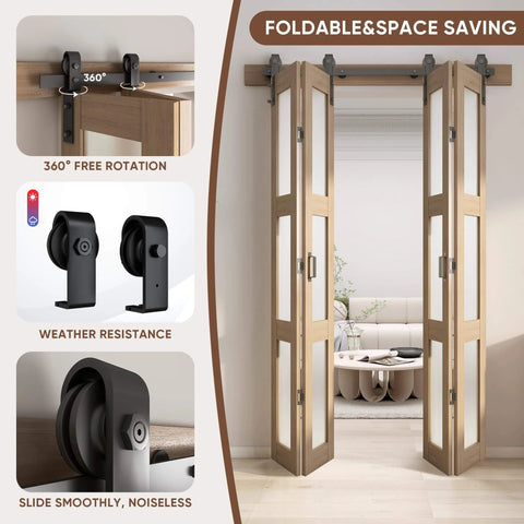 Bifold Glass Barn Door Kit With Hardware 3 Panel Frosted Glass Slab In Brown Wood Grain PVC Water Resistant Finish