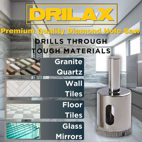 Premium 1 Inch Diamond Drill Bit By Drilax With Triple Coating For Multi Material Use shown next to various hard surfaces for drilling