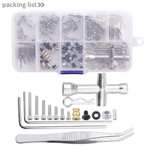 RC Screw Kit 272 Pieces M1.4 Screws Hardware Fasteners Repair Tools For Axial SCX24 shown with tweezers and case