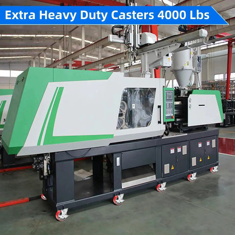 5 Inch Industrial Caster Set Of 4 With Brakes installed under heavy machinery in a factory setting