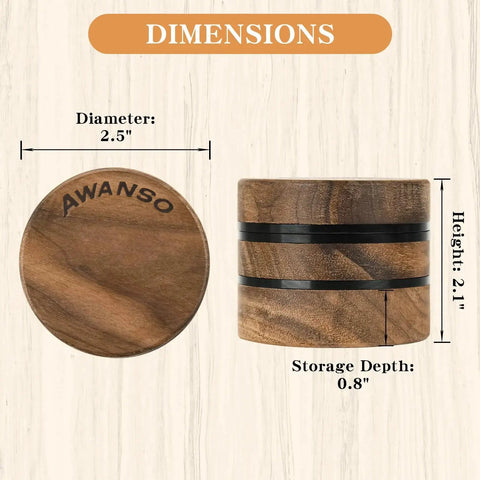 Walnut Wood 2.5 Inch 3 Piece Spice Grinder With Aluminum Chamber Magnetic Lid Raised Storage Base No Screen Easy To Clean