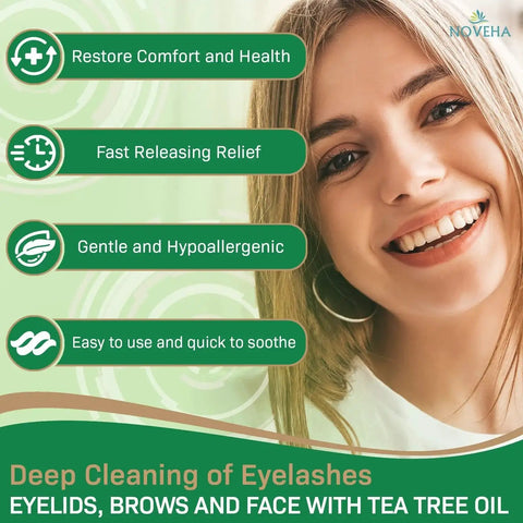 Smiling woman next to benefits of Tea Tree And Coconut Oil Eyelid And Lash Wipes Individually Wrapped For Demodex on green background.
