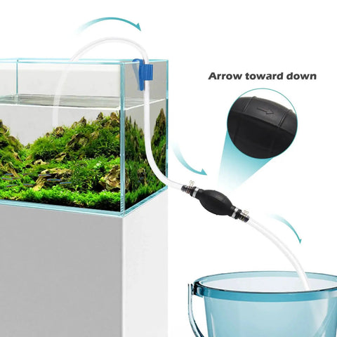 Manual Gas Siphon Pump For Water And Fuel Transfer With Two 15mm PVC Hoses transferring water from aquarium to bucket.