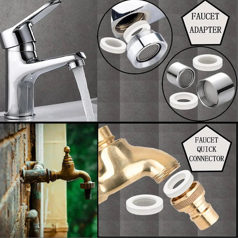 Faucet adapters and connectors with silver and brass finishes designed for hose connections, shown with water tap illustrations.