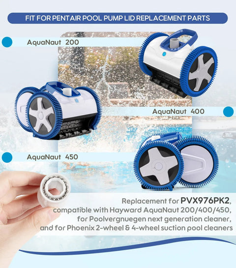 PVX976PK2 replacement wheel bearing kit for Hayward AquaNaut pool cleaners, 2-pack with blue gears and grey hubs