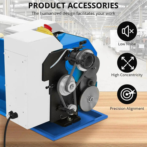 Beefy 9 By 30 Inch Metal Lathe With 1100W Motor And 2500 RPM Mini Lathe side view showing gears and features for precise metalworking.