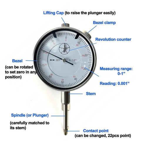 Front view of Pro Grade 0-1 Inch Dial Indicator With Magnetic Base And Adjustable Long Arm, Ultra Precise Dial Gauge 0.001 Inch Readout