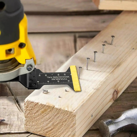Titanium Coated 31 Piece Oscillating Tool Blades Set For Metal Wood Plastic With Quick Release Attachment in use on wood