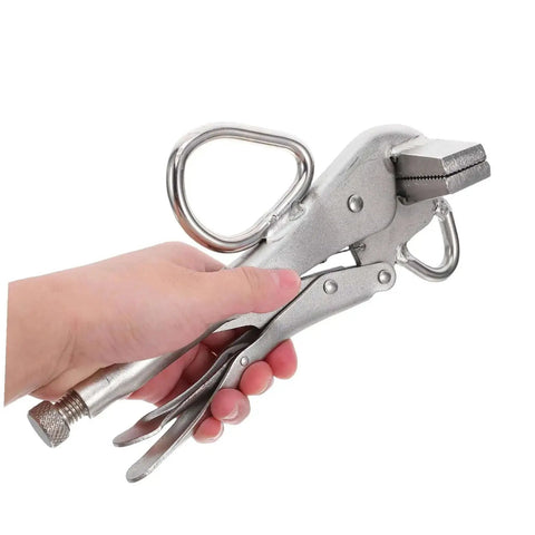 Hand holding Beefy Heavy Duty Locking Sheet Metal Pliers For Automotive Bodywork with wide duckbill jaw and ergonomic grip
