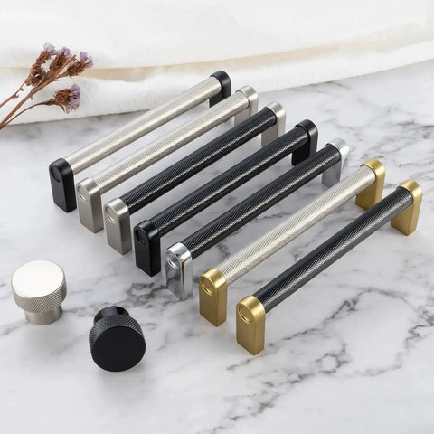 10 Pack 5 Inch Knurled Black And Nickel Cabinet Pulls Matte Black And Brushed Nickel Cabinet Handles displayed on marble surface