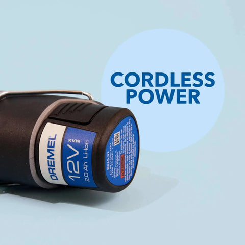 12V Cordless Rotary Tool Kit With Variable Speed And Ergonomic Comfort Grip, close-up of 2Ah battery label by Dremel
