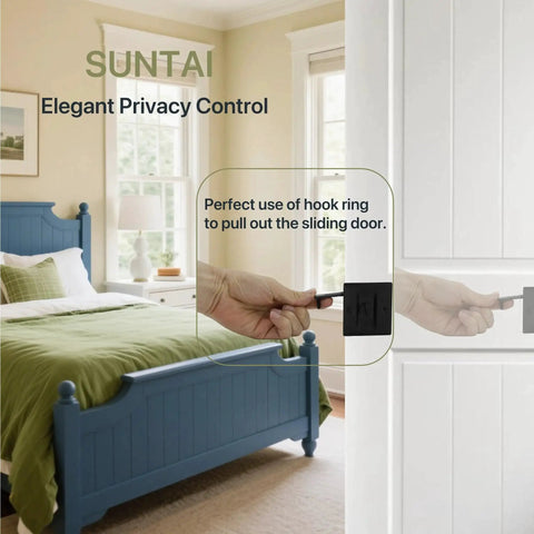 Privacy Sliding Door Lock With Pull In Matte Black Finish, Solid Brass Pocket Door Lock For 1-3/8 Inch Thick Doors, 2-3/4 By 2-1/2 Inch Mortise Size, Reversible For Right Or Left Handed Doors, Four Pack installed on a bedroom door.