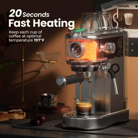 20 Bar Espresso Machine With Steam Wand, Compact Stainless Steel Coffee Maker for Lattes and Cappuccinos, Fast Heating 1450W
