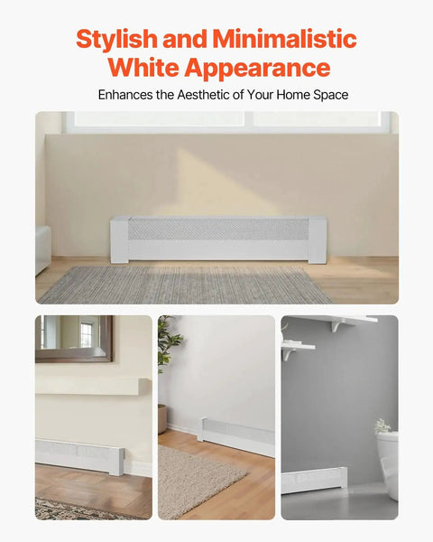 Heavy Duty Baseboard Heater Cover 3 Ft for Easy Bedroom Replacement, white steel front panel installed in modern room settings.