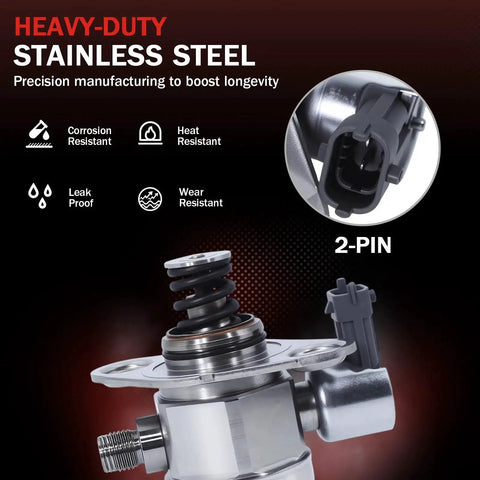Close-up of high-pressure fuel pump for 3.6L V6 GM vehicles, showing stainless steel construction and 2-pin connector.