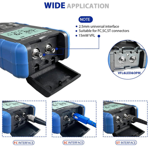 5-in-1 fiber optic cable tester with FC/SC/ST universal interfaces; portable optical power meter, front view