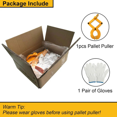 Heavy Duty Pallet Puller Clamp With 8 Inch Jaw Opening For Pallets Wood Trees package in box, includes gloves.