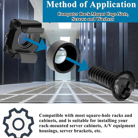 M6 Rack Mount Screws Kit 45 Pack With Cage Nuts And Washers for square-hole server racks and cabinets installation.