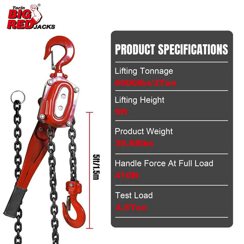 Manual Lever Chain Hoist 3 Ton Capacity G80 Grade Steel And Double Pawl Brake with specifications chart view