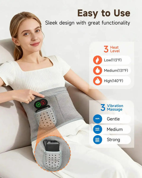 Woman using Wireless Heating Pad With Massager For Back Pain Relief Portable Wearable Heat Belt with settings chart.
