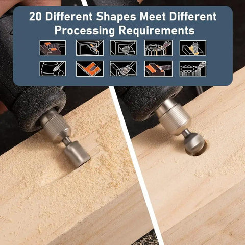Close-up of rotary tool using 20 Piece HSS Router Bit Set For DIY Woodworking And Engraving on wood, showcasing drilling and grooving.