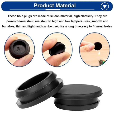 Close-up of 130Pcs Silicone Hole Plugs Set in Eight Sizes for Round Holes Black Rubber Plugs for Furniture Use, showing material and design.