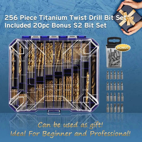 276 Piece Titanium Twist Drill Bit Set With S2 Bits 135 Degree Tip High Speed Steel Heavy Duty From 1/16 To 1/2 Inch For Wood Metal Aluminum Plastic Fiberglass In Clear Lid Case, showing drill bits arranged in clear case with S2 bits.