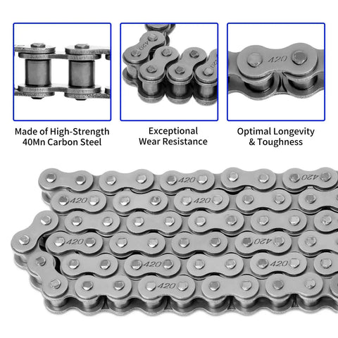 Heavy Duty 420 Motorcycle Chain Kit With 132 Links And Chain Breaker For 50cc 70cc 90cc 110cc And 125cc Dirt Bikes ATVs Go Karts Scooters Mini Bikes Includes 10 Free Master Links And Premium Alloy Steel Construction For Long Lasting Performance showing close-up of steel chain links