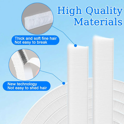 Door brush seal, white felt-pile weather stripping, 33 ft, 0.4 in by 0.4 in, self-adhesive draft blocker, two strips