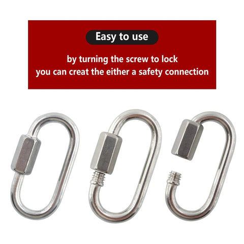 Three carbon steel chain quick links shown in open, closed, and locked positions with text on usage instructions