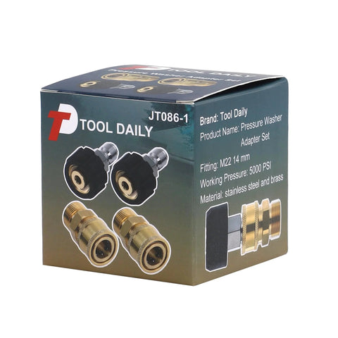 Box of Pressure Washer Adapter Set Quick Connect Kit M22 14mm To M22 Fittings 5000 PSI Four Piece Bundle Steel Brass